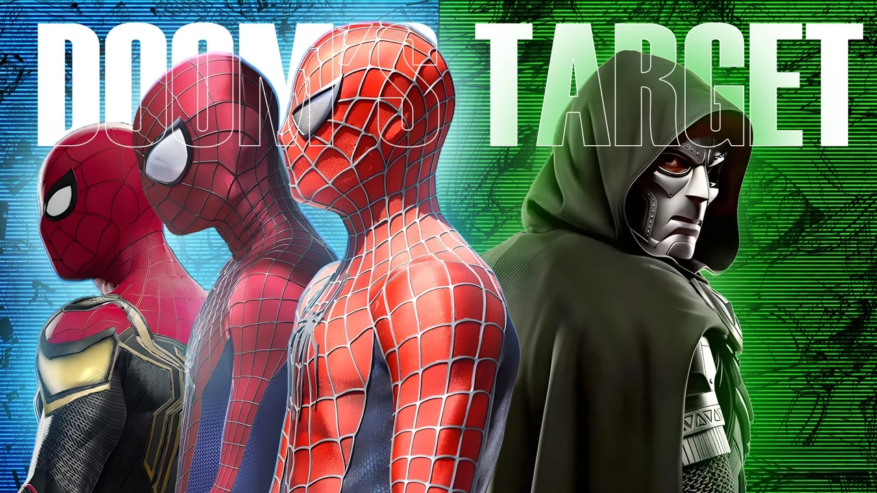 Marvel video thumbnail featuring multiple Spider-Man characters facing Doctor Doom