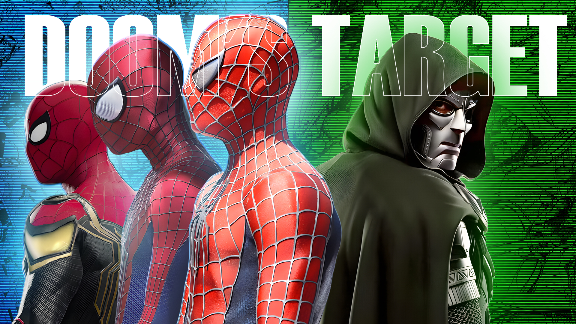 Marvel thumbnail artwork featuring multiple Spider-Man characters and Doctor Doom